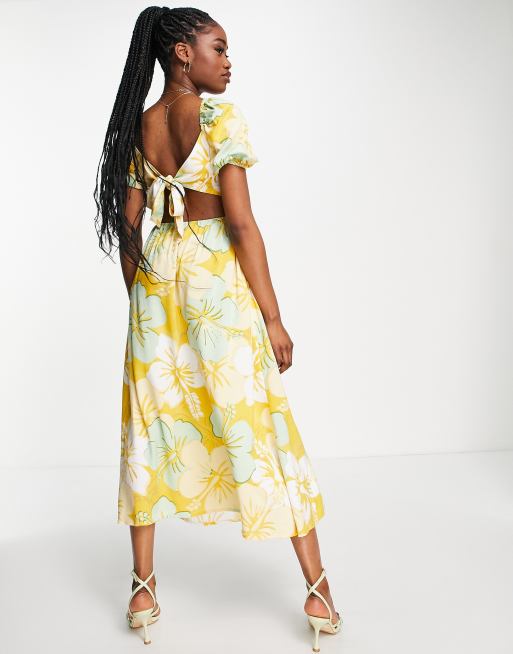 Miss Selfridge ring detail cut out maxi dress in yellow hibiscus print