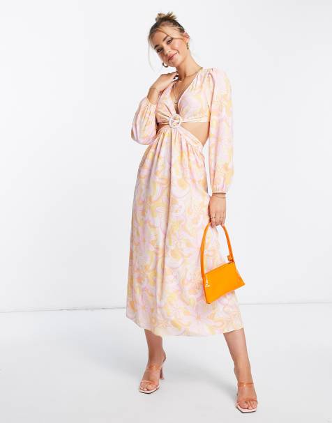 Miss Selfridge ring detail cut out midi dress in pink swirl print - view 1