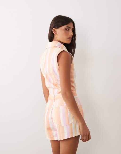 Miss Selfridge ærmeløs denim playsuit med sømdetalje i stribe, 4 af 4