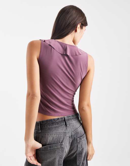 Miss Selfridge - Ærmeløs lilla blondetop med flæser og bindefront, 2 af 4