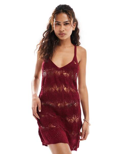 Miss Selfridge - Robe à bretelles fines en maille crochetée - Bordeaux - view 1