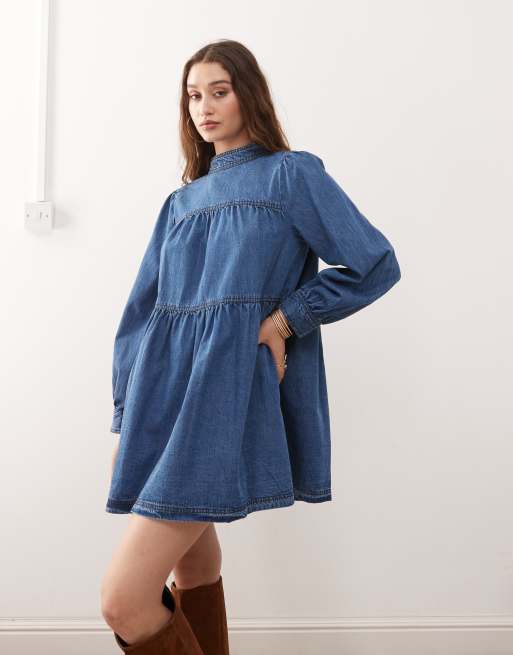 Miss Selfridge - Robe à manches longues et col montant - Indigo délavé, 2 de 4
