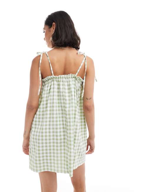 Miss Selfridge - Robe babydoll à bretelles nouées - Sauge vichy, 2 de 4