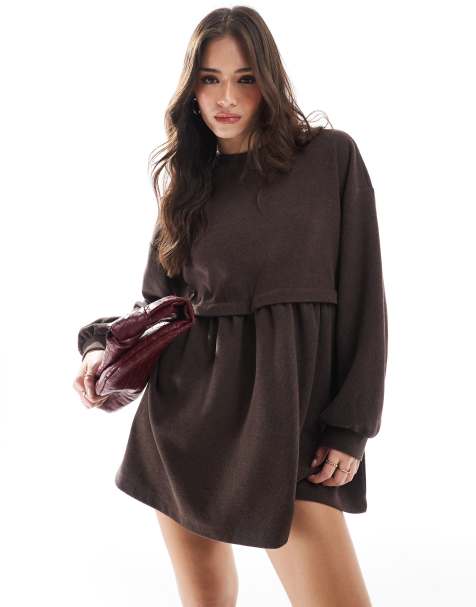 Miss Selfridge - Robe babydoll côtelée douce - Chocolat - view 1