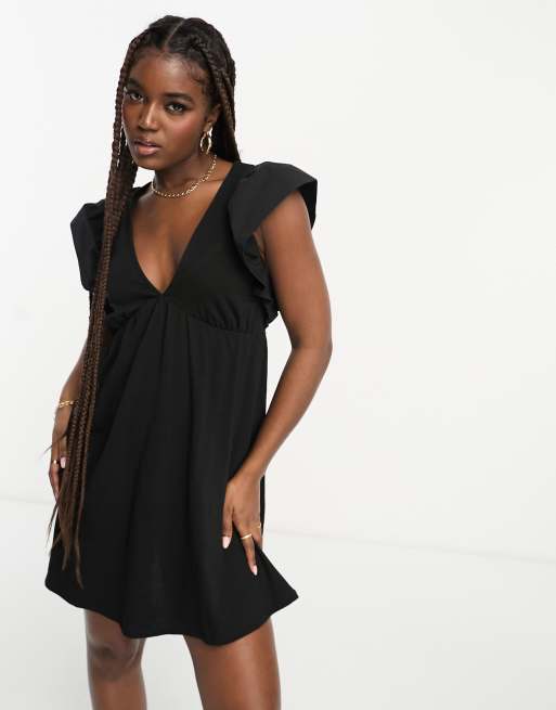 Miss Selfridge Robe babydoll courte manches volant es Noir