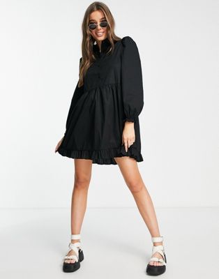 Robes casual Miss Selfridge - Robe babydoll courte en popeline à ourlet volanté - Noir
