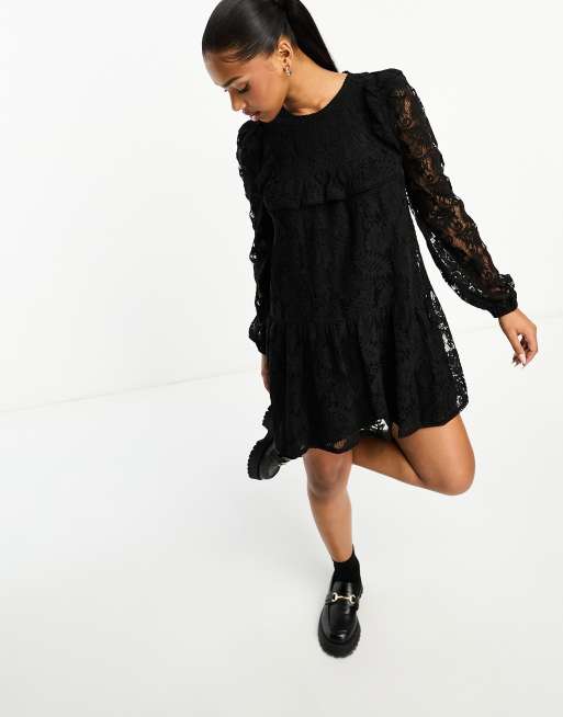 Miss Selfridge - Robe babydoll en dentelle à volants - Noir, 4 de 4