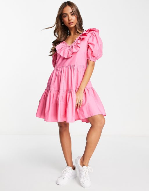 Miss Selfridge - Robe babydoll en popeline à volants - Fuchsia vif, 4 de 4