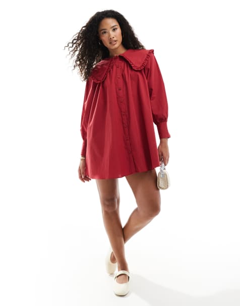 Miss Selfridge - Robe babydoll en popeline avec col oversize à volants - Rouge cerise - view 1