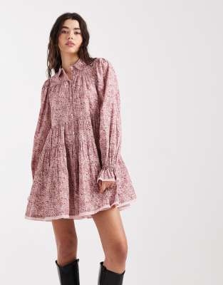 Robe babydoll en popeline motif cachemire à volants étagés-rose 42