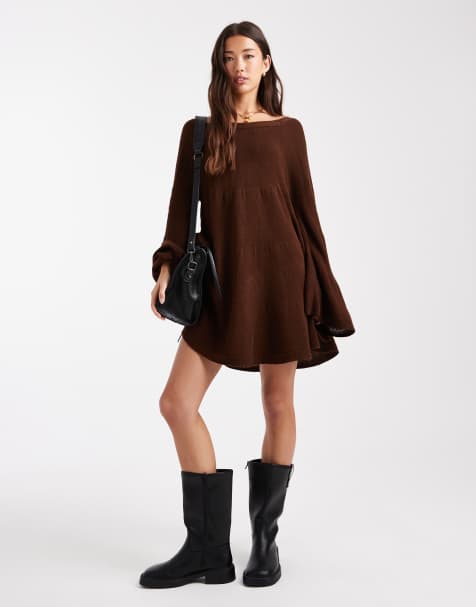 Miss Selfridge - Robe babydoll fluide à volants étagés en maille avec manches longues - Chocolat - view 1