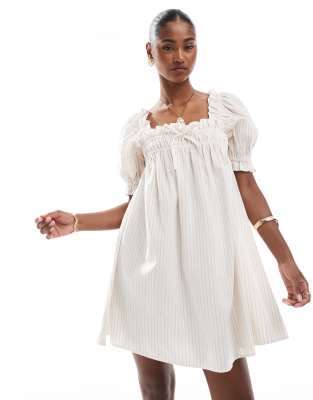 Robe babydoll rayée en tissu teint - Beige-Multicolore 34