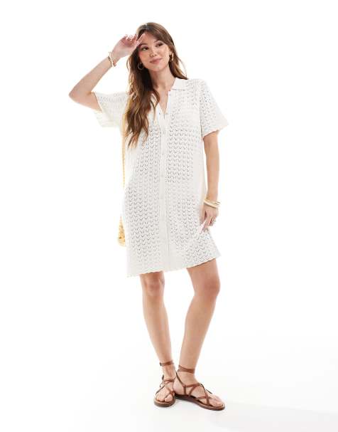 Miss Selfridge - Robe boutonnée en maille crochetée avec col polo contrastant - Crème - view 1