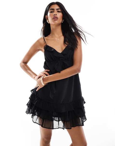 Miss Selfridge - Robe caraco à volants en mousseline - Noir - view 1