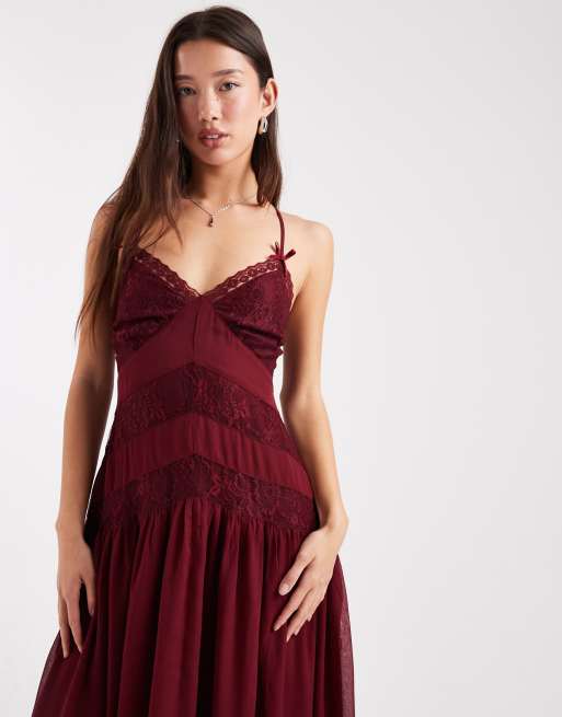 Miss Selfridge - Robe caraco longue en mousseline et dentelle - Bordeaux, 3 de 4