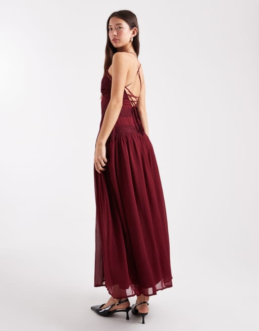 Miss Selfridge - Robe caraco longue en mousseline et dentelle - Bordeaux, 4 de 4