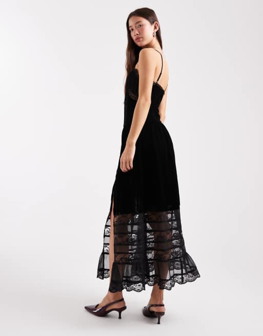 Miss Selfridge - Robe caraco longue en velours et dentelle - Noir, 3 de 4