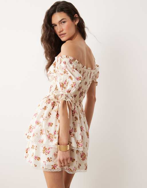 Miss Selfridge - Robe corset courte à imprimé fleurs - Pêche, 4 de 4