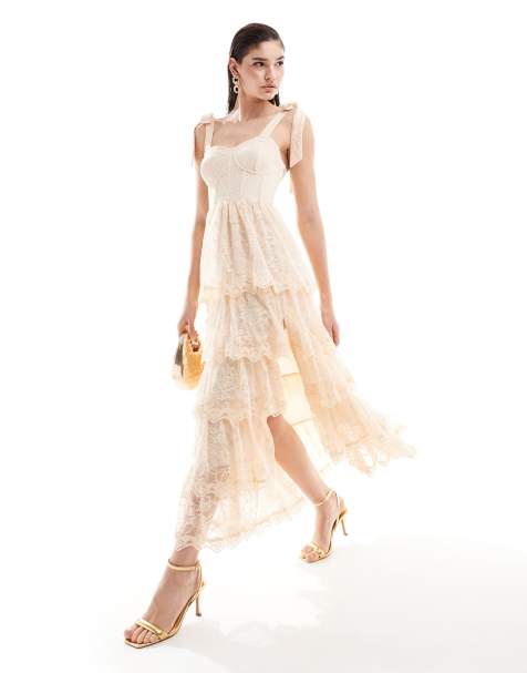 Miss Selfridge - Robe corset longue de grandes occasions en dentelle à volants - Rose clair - view 1