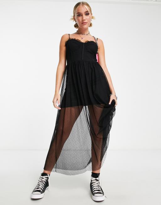 Robe Sexy En Tulle Noir Ecstasy F347 - Mi-longue, Manches Longues - Neuf Avec étiquettes
