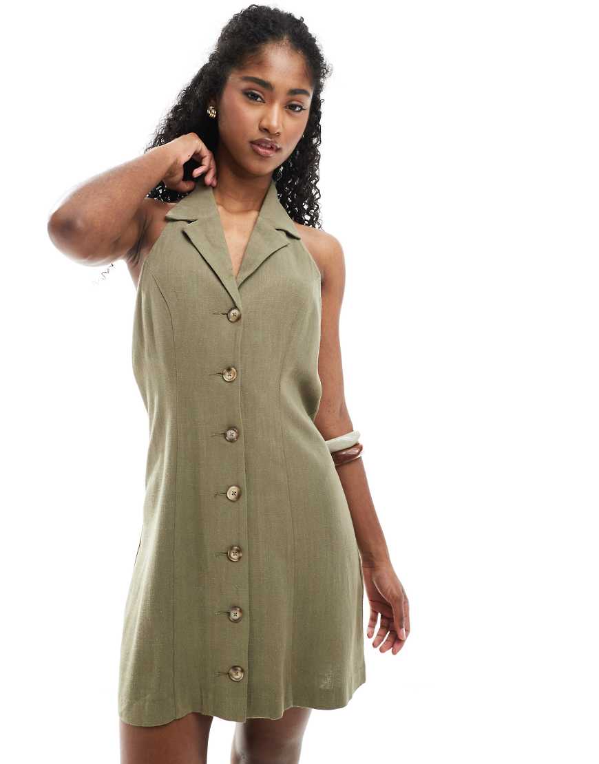 Robe courte à col et encolure américaine en lin mélangé - Kaki-Vert 40