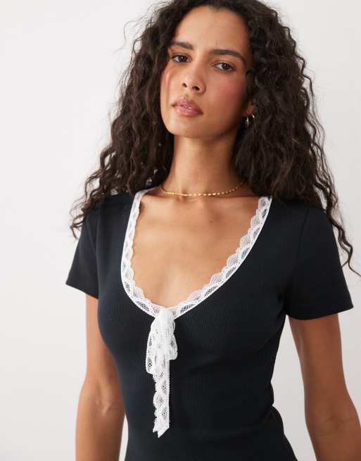 Miss Selfridge robe courte à col V et manches courtes avec nœud noire, 3 de 4