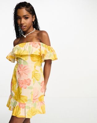 Miss Selfridge bardot ruffle mini dress in largescale floral - ASOS Price Checker