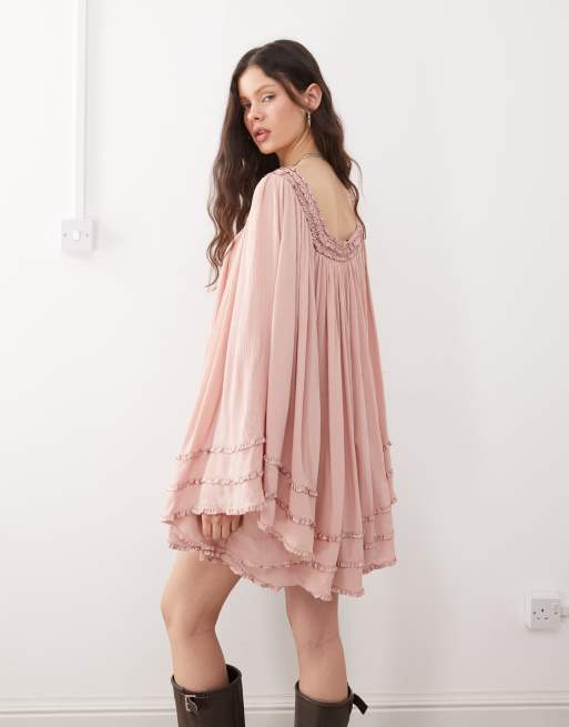 Miss Selfridge - Robe courte à manches évasées et encolure carrée - Rose sombre, 3 de 4