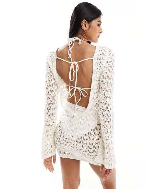 Miss Selfridge - Robe courte à manches longues en crochet avec dos échancré - Crème, 3 de 4
