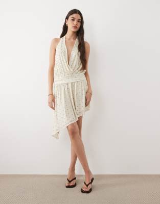 Robe courte à pois avec taille basse et ourlet asymétrique-Blanc S