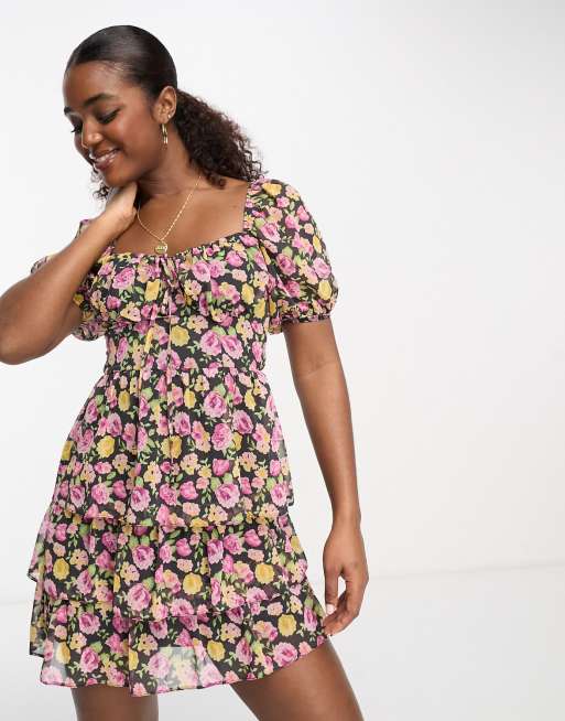 Miss Selfridge Robe courte a volants etages en mousseline imprime fleuri ASOS