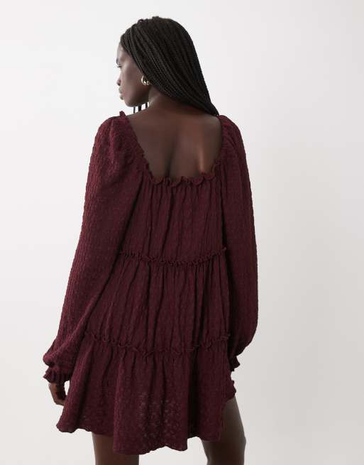 Miss Selfridge robe courte babydoll à volants manches longues bordeaux, 4 de 4