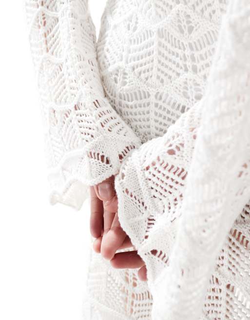 Miss Selfridge - Robe courte de plage à manches longues en crochet - Crème, 2 de 4