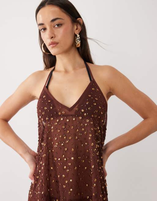 Miss Selfridge - Robe courte de plage en mousseline à dos nu et ornements - Chocolat, 3 de 4