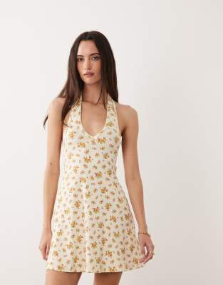 Robe courte dos nu à petites fleurs avec bords à picots-multicolore 46