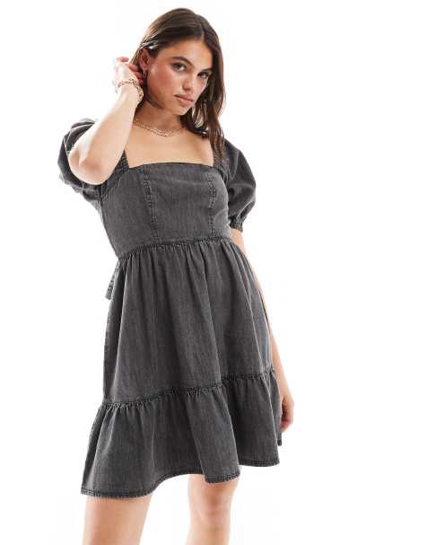 Miss Selfridge - Robe courte en denim à manches bouffantes - Noir délavé - view 1
