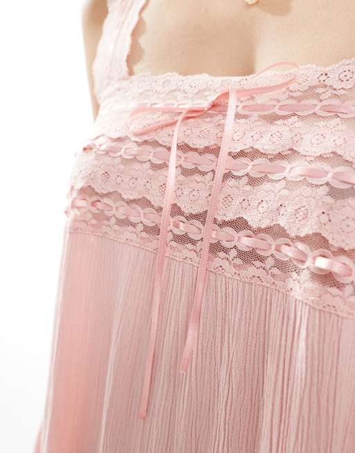 Miss Selfridge - Robe courte en gaze avec finitions en dentelle - Vieux rose, 4 de 4