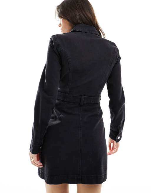 Miss Selfridge - Robe courte en jean à manches longues et col - Noir délavé, 2 de 4