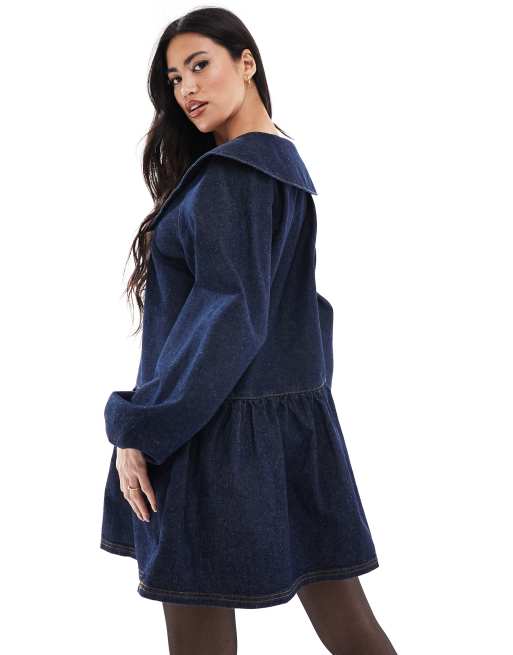 Miss Selfridge - Robe courte en jean avec col oversize et taille basse, 4 de 4