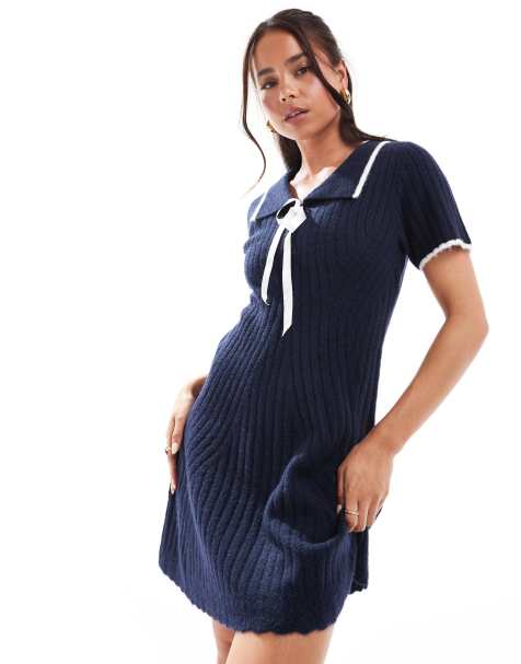 Miss Selfridge - Robe courte en maille à manches courtes, liseré et nœud - Bleu marine - view 1