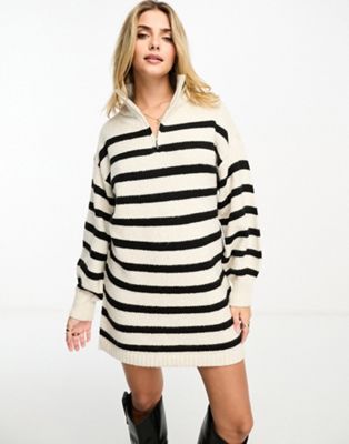 Miss Selfridge stripe half zip funnel neck knit mini dress  - ASOS Price Checker