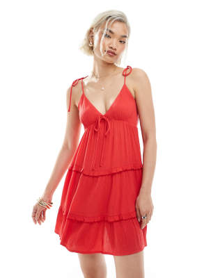 Robe courte en mousseline à fines bretelles et volants étagés - Rouge 42