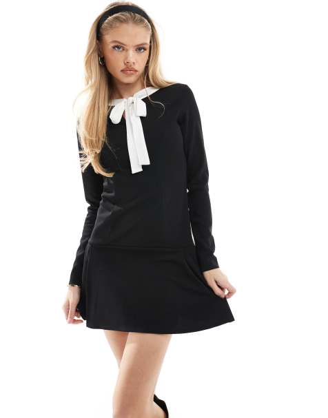 Miss Selfridge - Robe courte en néoprène et crêpe avec nœud contrastant et taille basse - view 1