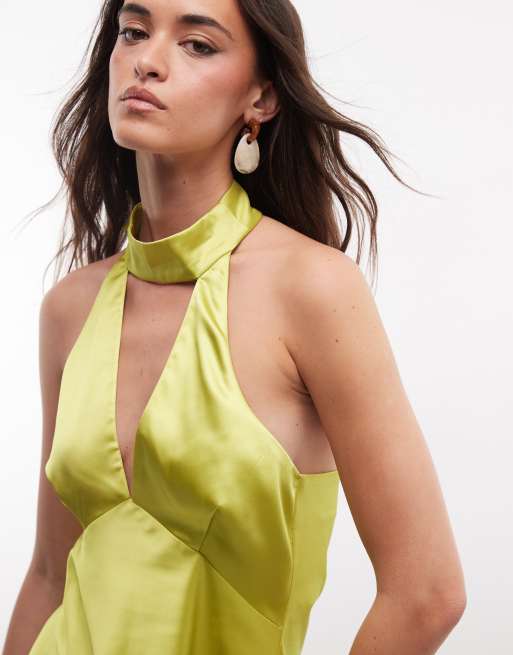 Miss Selfridge - Robe courte en satin avec foulard à l'encolure - Chartreuse, 4 de 4