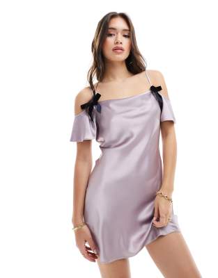 Miss Selfridge satin cowl bow detail mini dress in violet - ASOS Price Checker