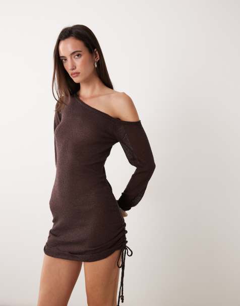 Miss Selfridge - Robe courte froncée asymétrique en maille transparente - Chocolat - view 1