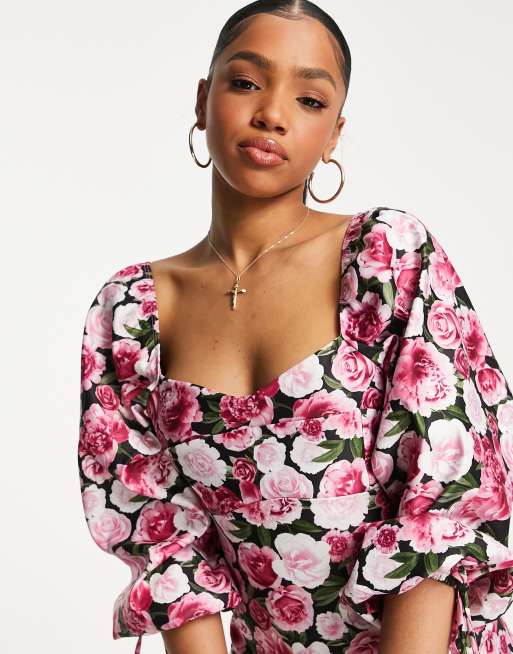 Miss Selfridge - Robe courte moulante en bengaline à imprimé roses, 3 de 4