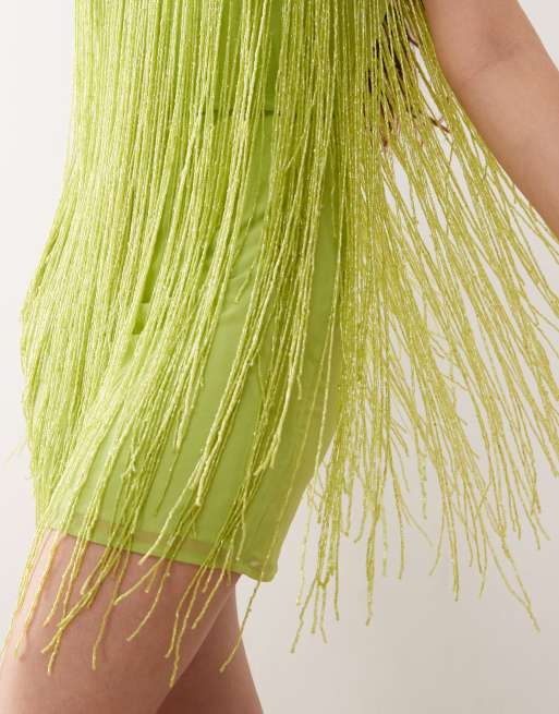 Miss Selfridge - Robe courte style festival à franges ornementées avec dos nu - Vert, 3 de 4