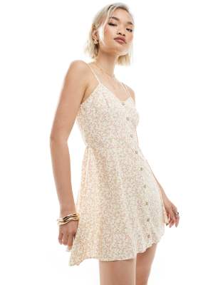 Robe courte tissée à petites fleurs avec boutonnage et fines bretelles - Jaune-rose 44