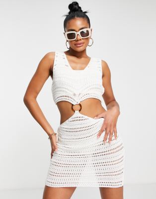 Miss Selfridge beach ring detail crochet mini dress in white  - ASOS Price Checker
